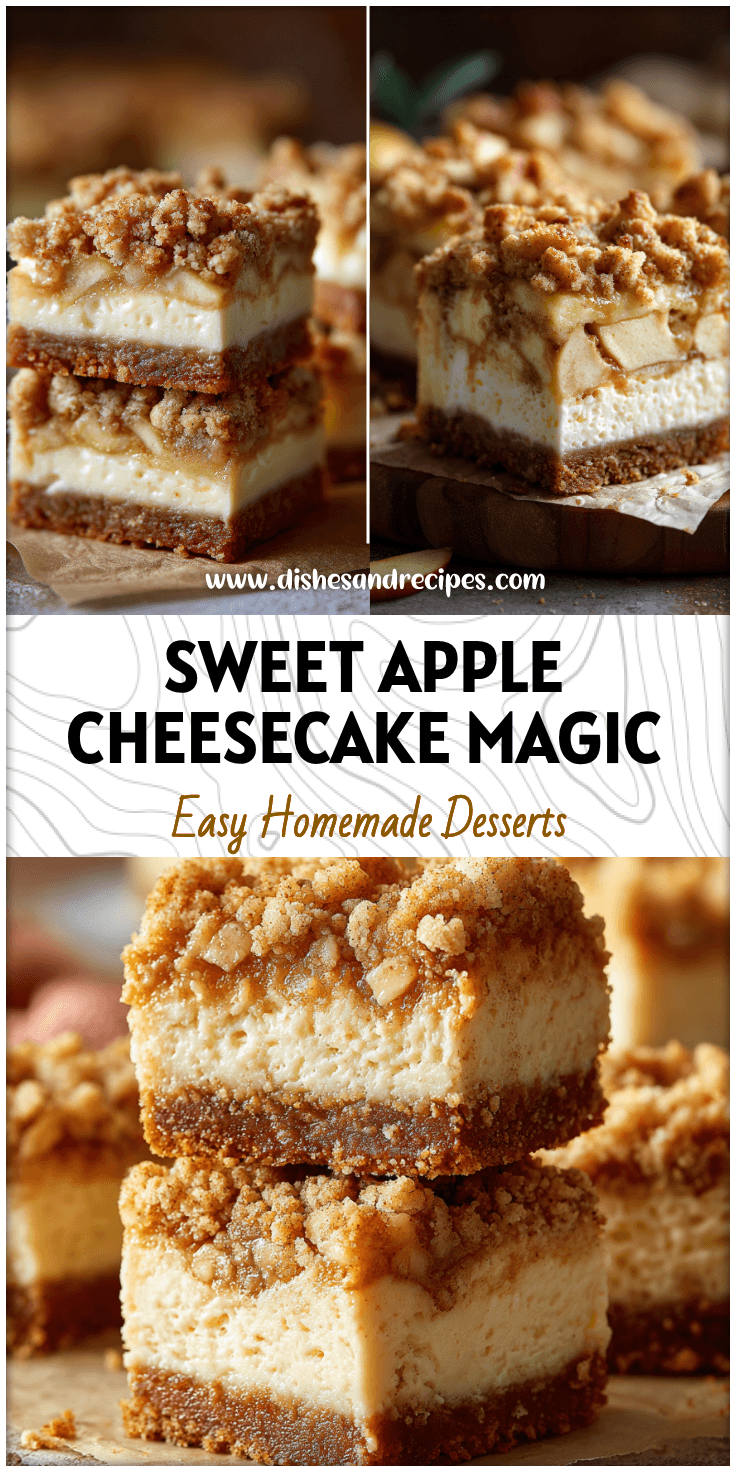 Golden Apple Crisp Cheesecake Bars with crumb topping and creamy Vanilla Bean Cheesecake layers on a rustic table.